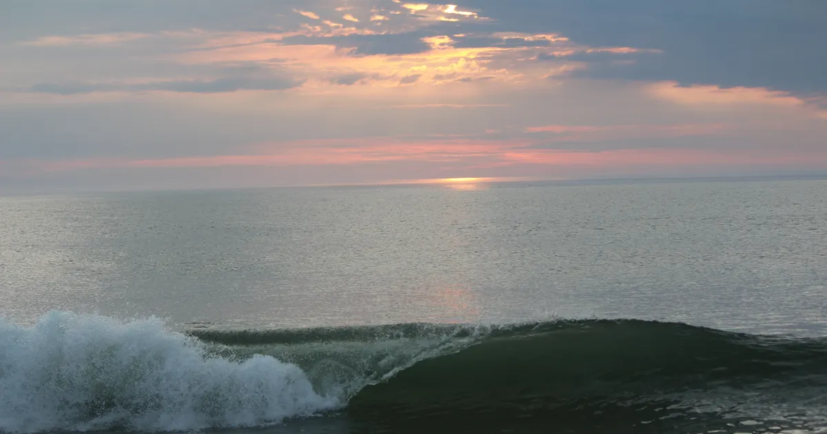 A curling wave breaks against the backdrop of a pink sunrise.