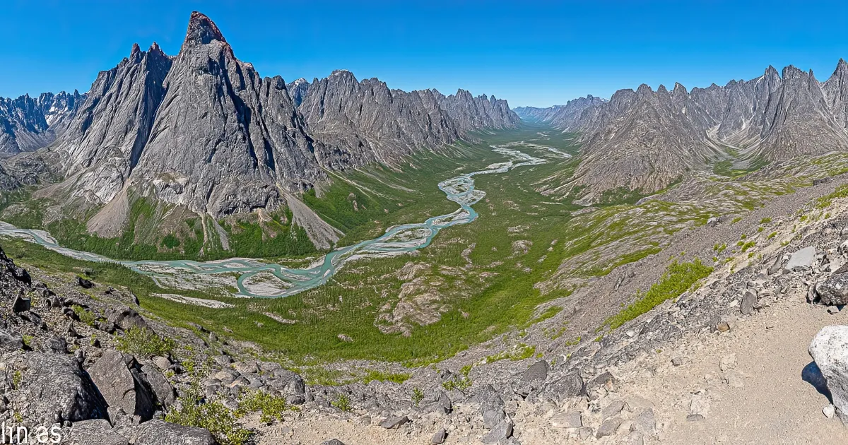 Aerial view of the Alatna River as it winds through a valley