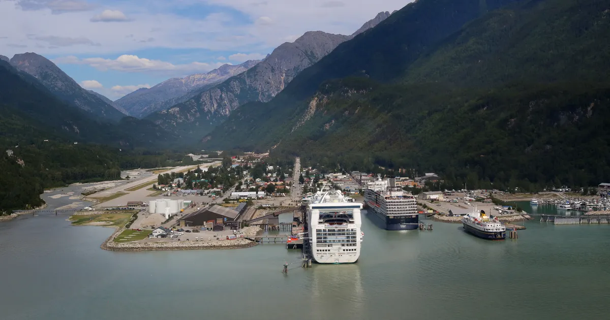 Aerial view of town in a valley with cruise ships in port